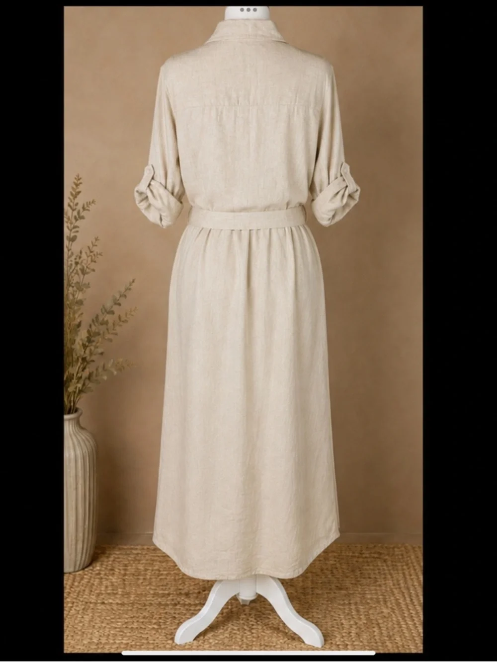 Natural Linen Coastal Maxi Shirtdress Belted Button Front Pockets S/P